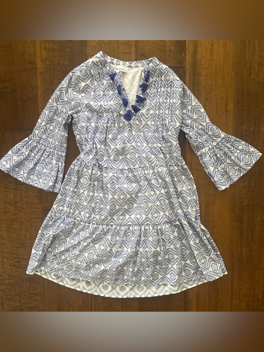 Tommy Bahama navy blue and white diamond jaquard tiered sun dress with tassels